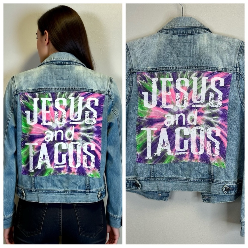 Jesus and Tacos Denim Jacket Tie-Dye Womens M 100% Cotton Quirky Faith Boho Fun
